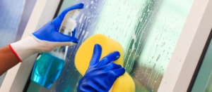person wearing blue gloves holding a big yellow sponge while cleaning a window in their home