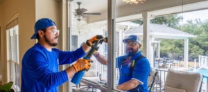 Window installers working together to remove and replace a large sliding glass door in a residential home